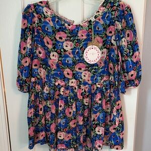 Umgee Floral Blouse in Blue and Pink